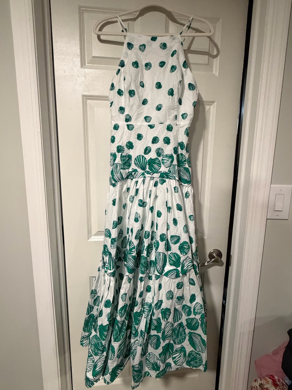 Anthropologie White Maxi Dress with Green Shell Print